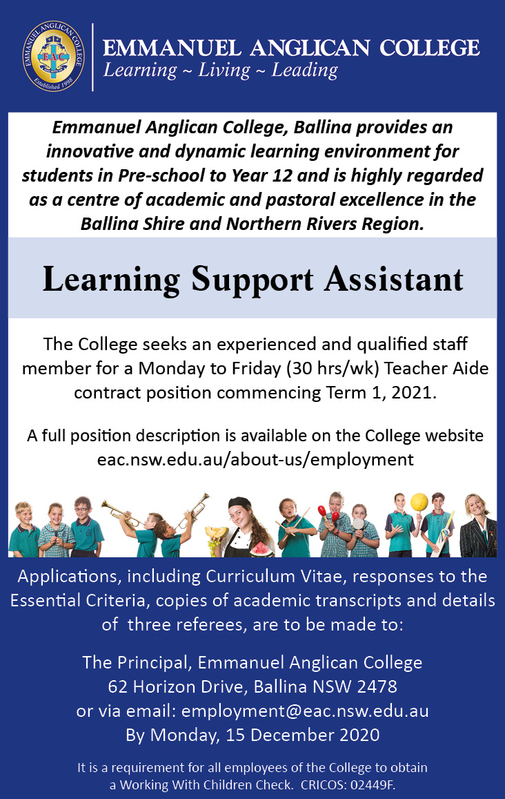 Learning Support Assistant Ad2 Emmanuel Anglican College   Learning Support Assistant Ad2 