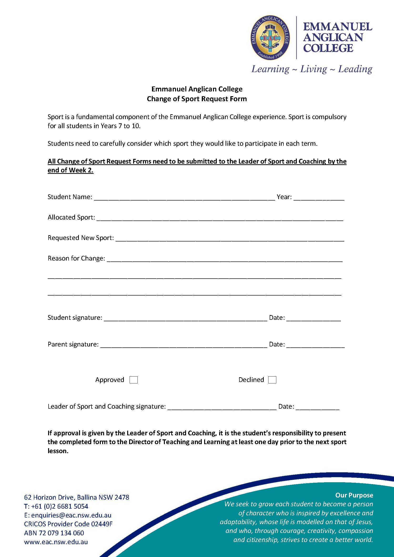 Change of Sport Request Form