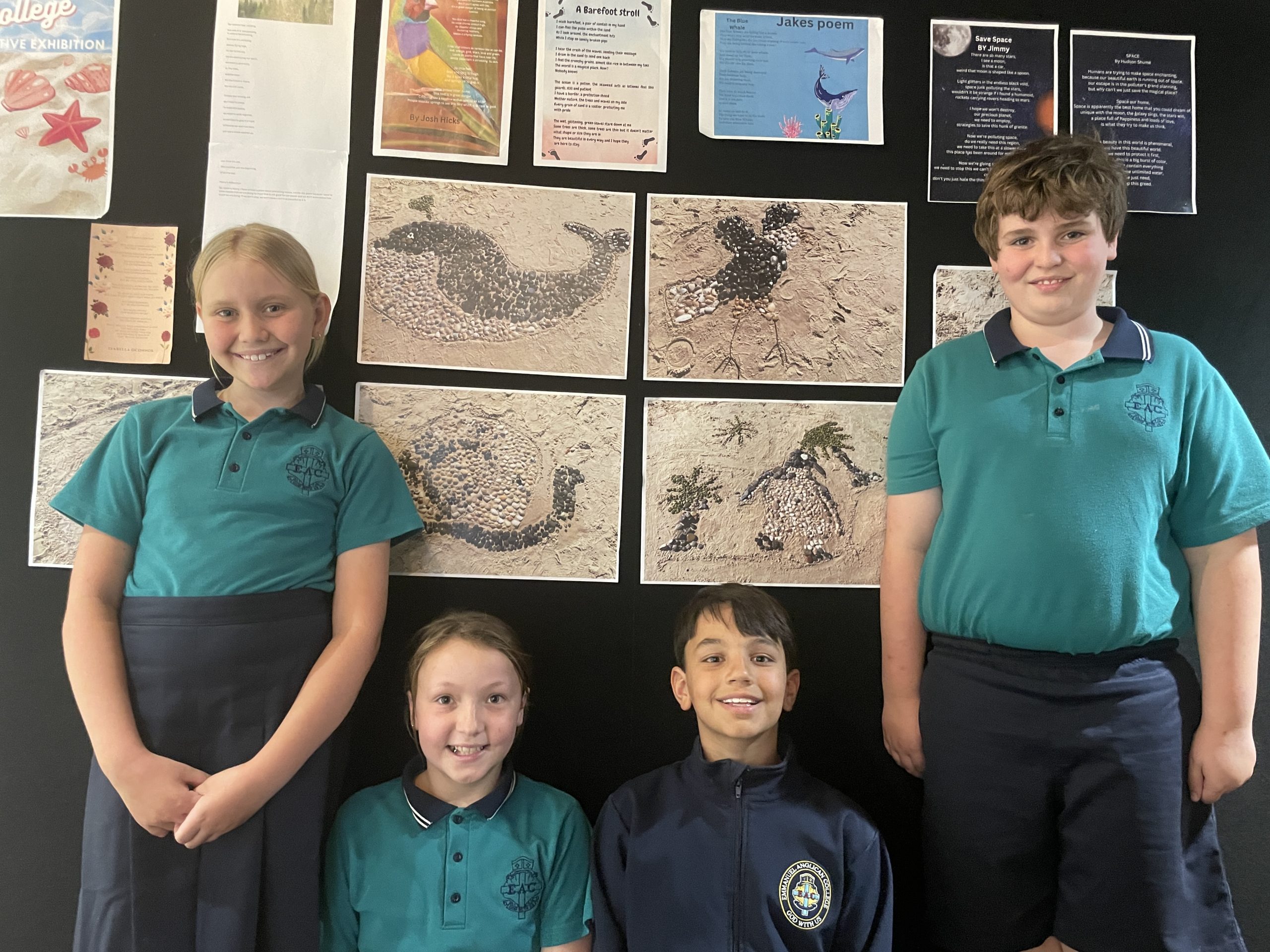 Year 4 Students and their work L to R: Mya Van Den Hoek, Florence Percival, Vic Pilkington and Joshua Hicks