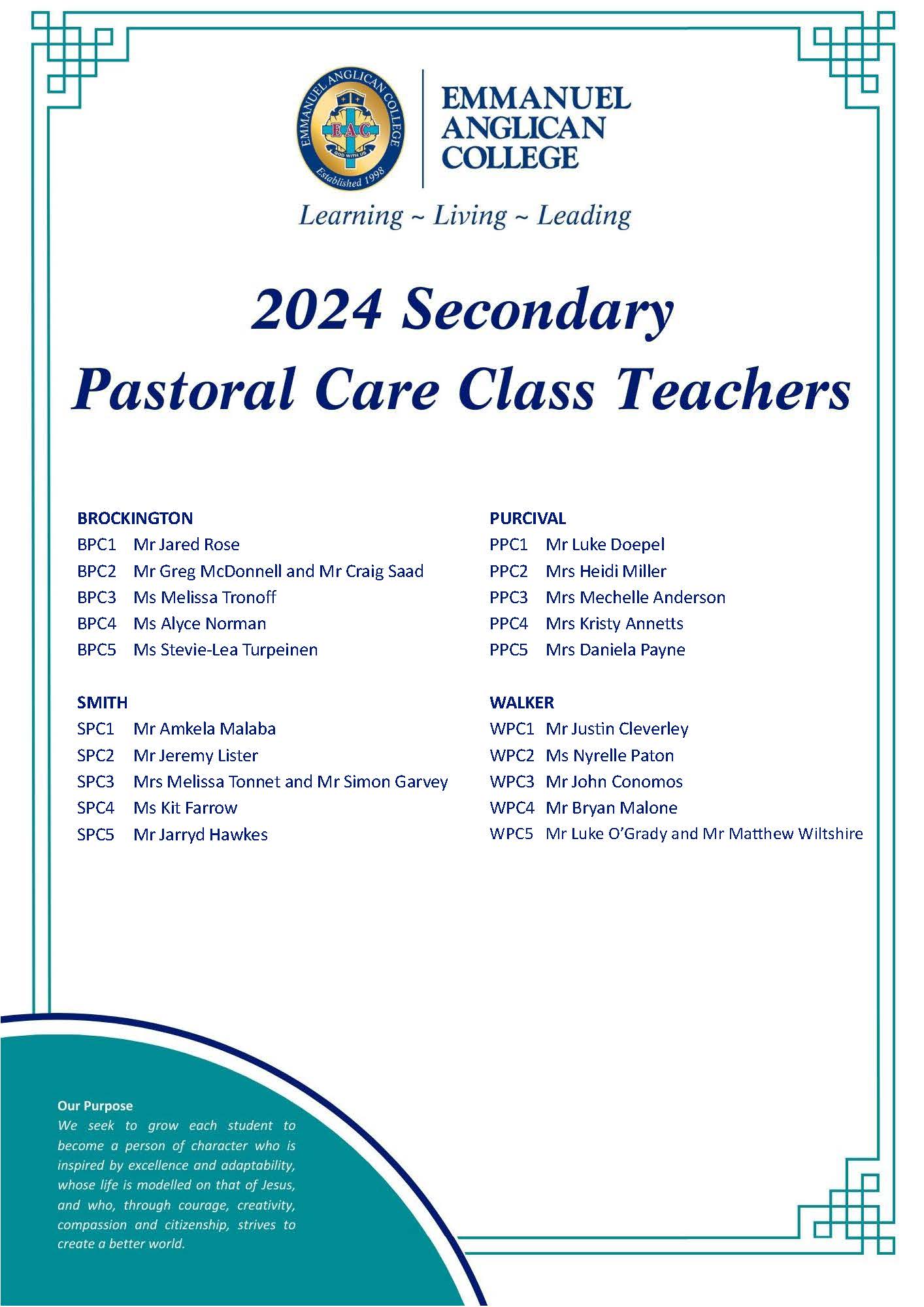 2024 Secondary Pastoral Care Class Teachers