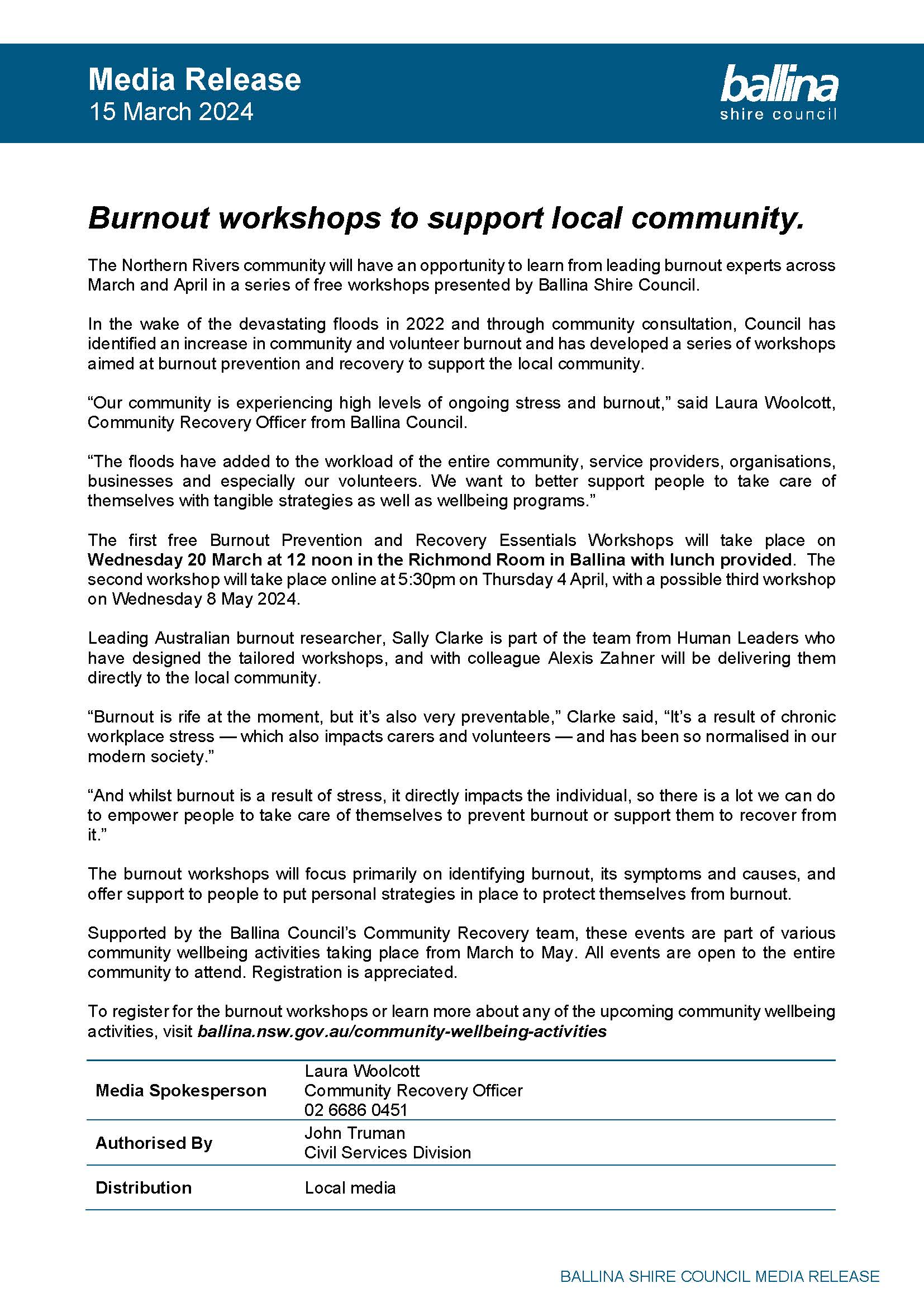 24 18328 Media release - Community Recovery - Community Burnout Workshops March 2024