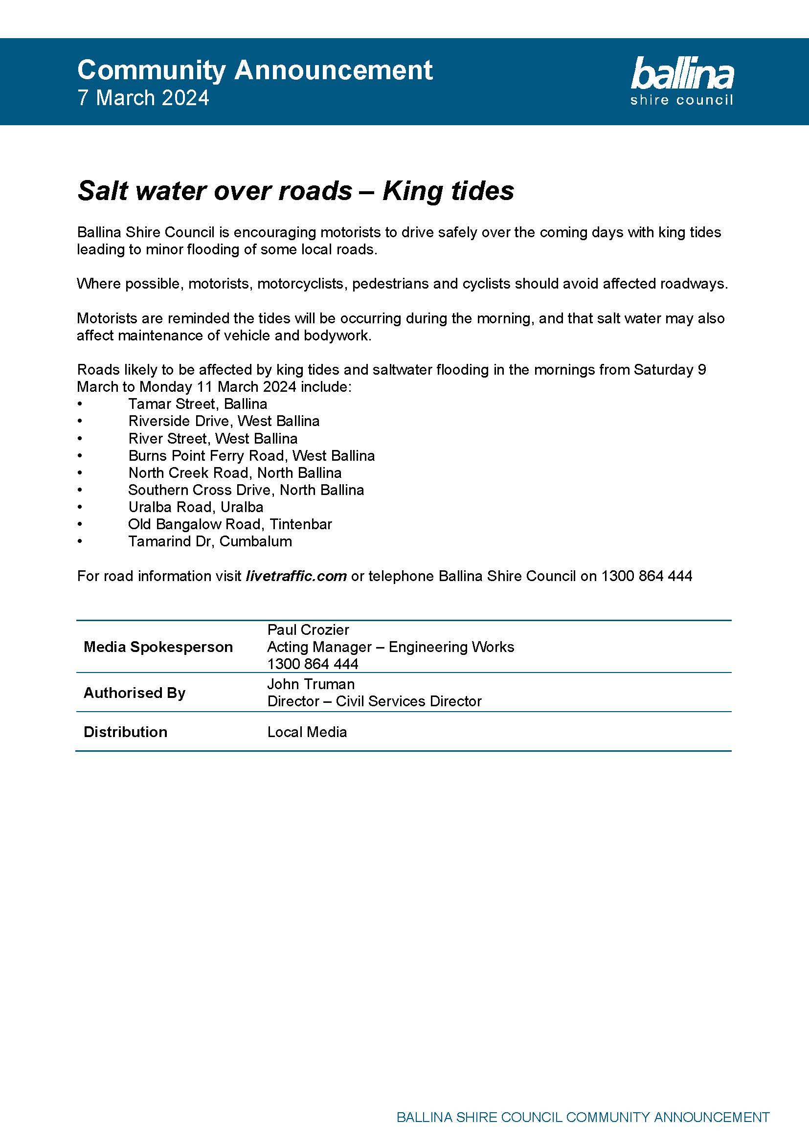 Community announcement - Salt water over roads 9-11 March 2024